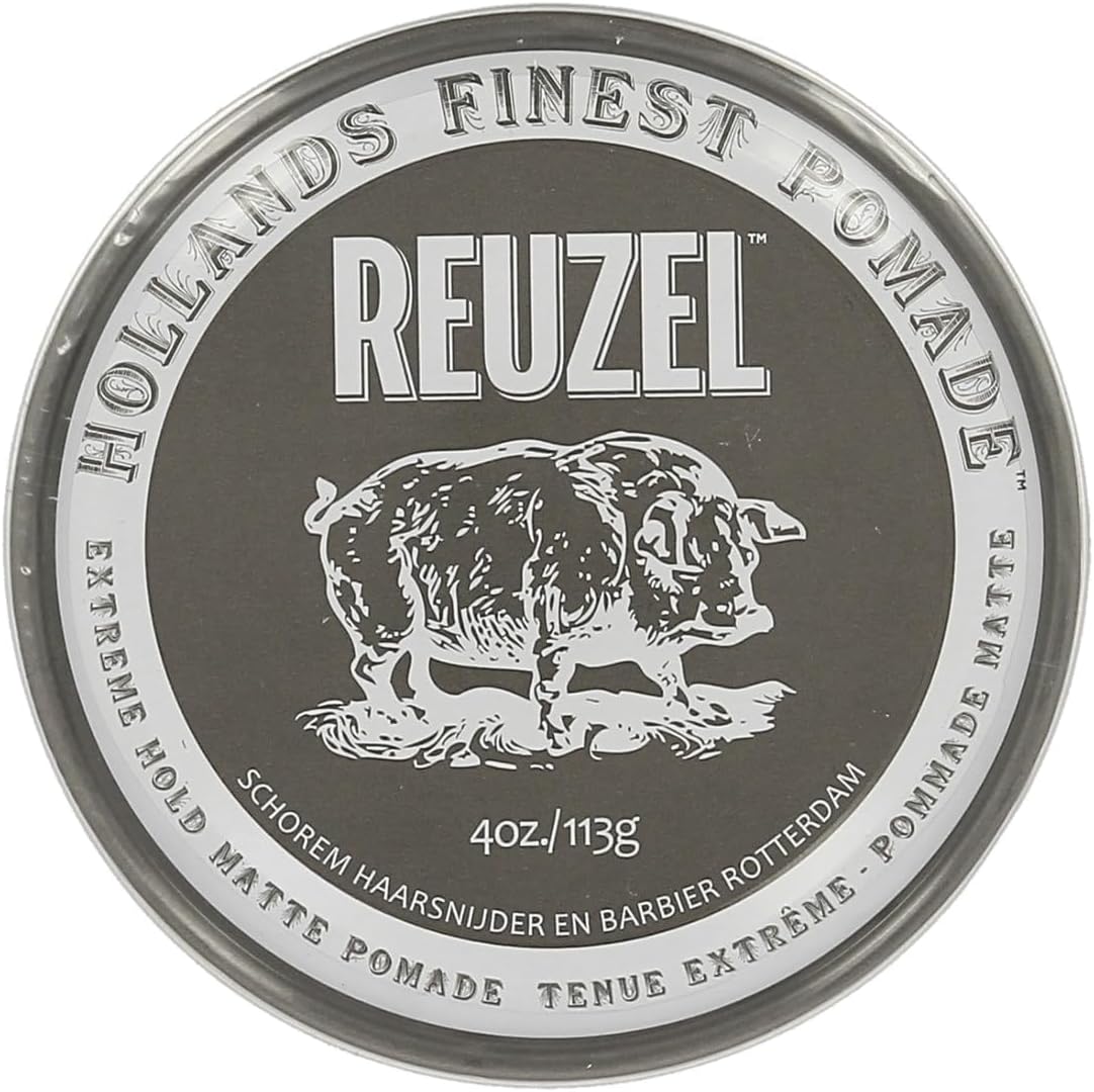 Reuzel Extreme Hold Matte Pomade tin, a water based matte styling pomade for textured men's hairstyles