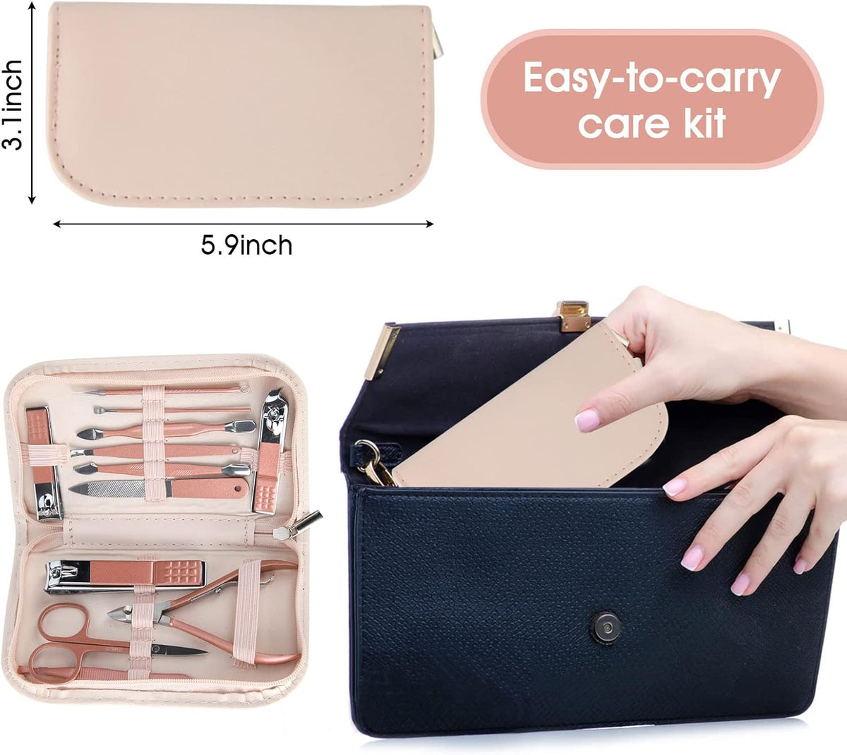 NBHS Rose Gold 12-in-1 Manicure Set – Beauty Kit with Pink Leather Case