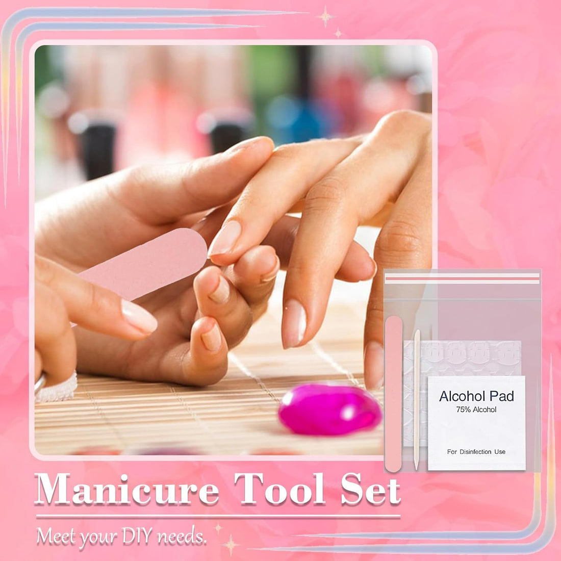 NBHS 50-Piece Press-On Nail Prep Kit – Files, Pads, Sticks & Bags (Pink)