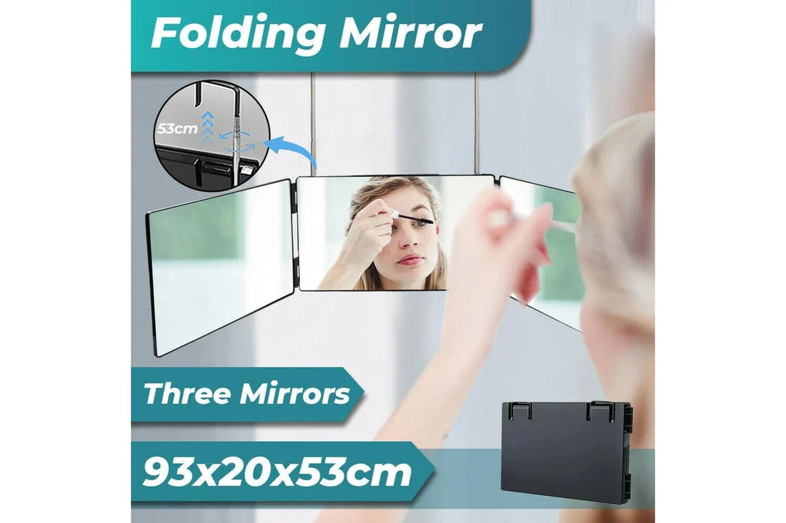 3 Way Trifold Mirror 360 Degree Folding Mirror for Make Up Hair Styling Shaving Grooming Adjustable Height Brackets