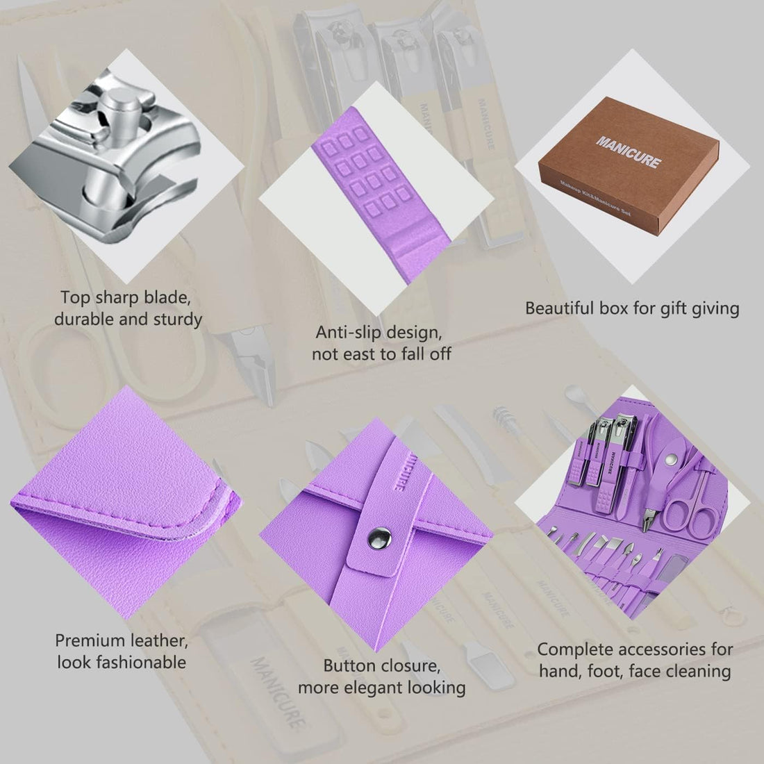 NBHS 16-Piece Manicure & Pedicure Kit – Violet Stainless Steel Clippers