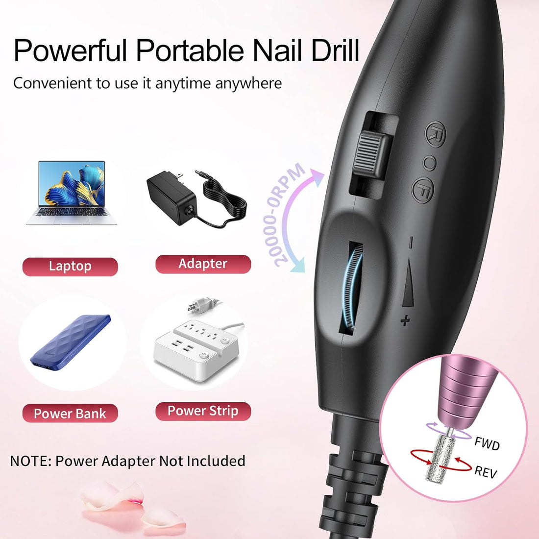 NBHS Electric Nail Drill – Portable USB Nail File Kit with Drill Bits