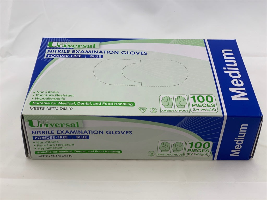 Universal Nitrile Gloves Powder Free Blue, Medium 100 Pack