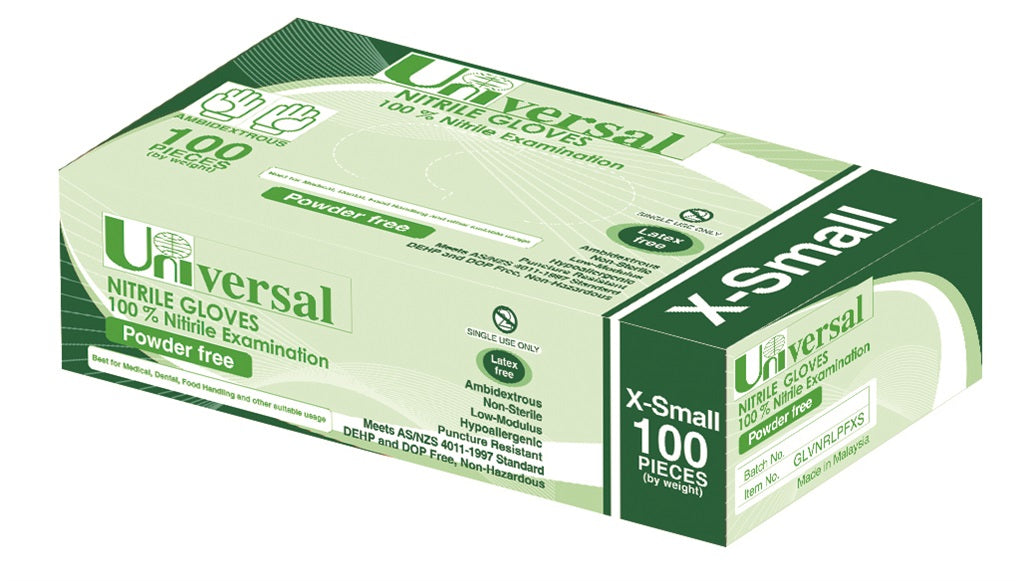 Universal Nitrile Gloves Powder Free Blue, X-Small 100 Pack