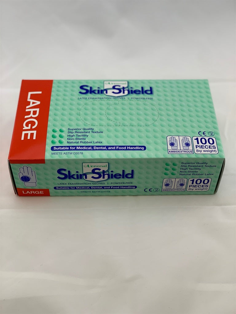 Universal Skin Shield Latex Gloves Powder Free, Large 100 Pack