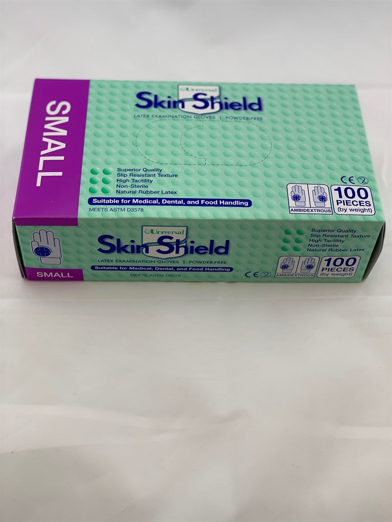 Universal Skin Shield Latex Gloves Powder Free, Small 100 Pack