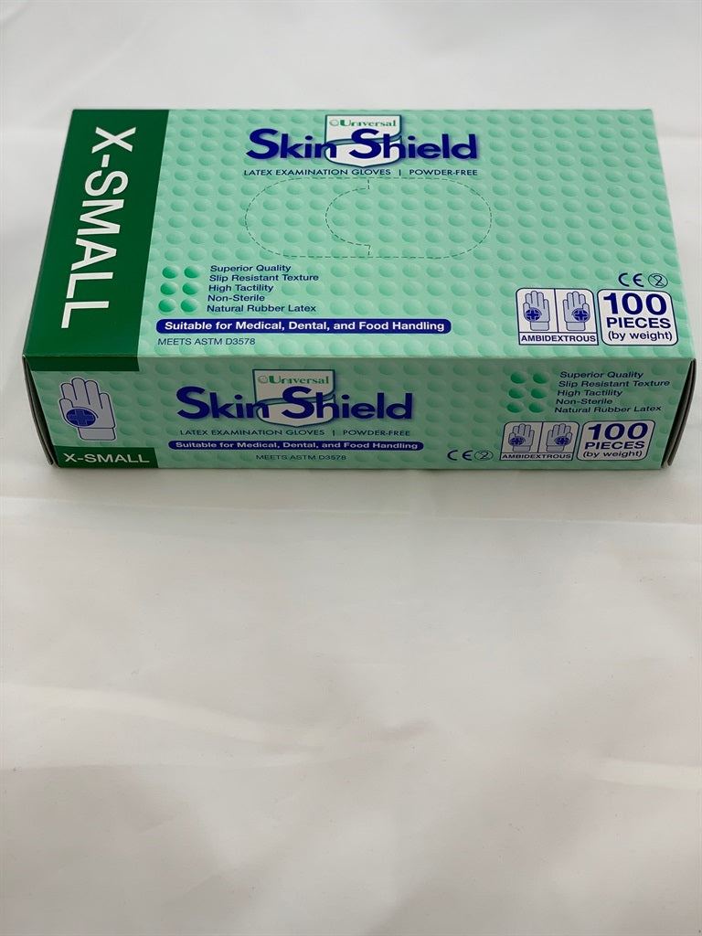Universal Skin Shield Latex Gloves Powder Free, Extra Small 100 Pack