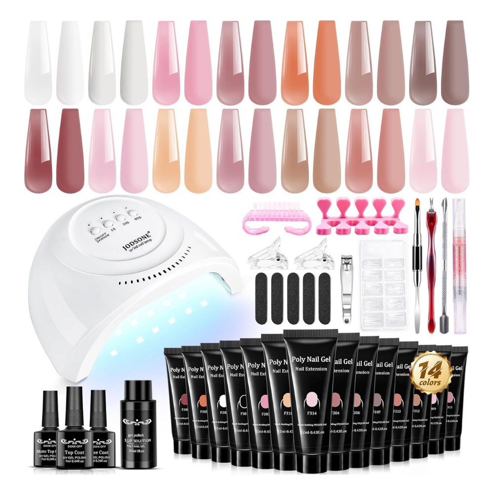 NBHS 14-Color Poly Nail Gel Kit with Lamp – All-in-One Extension Set
