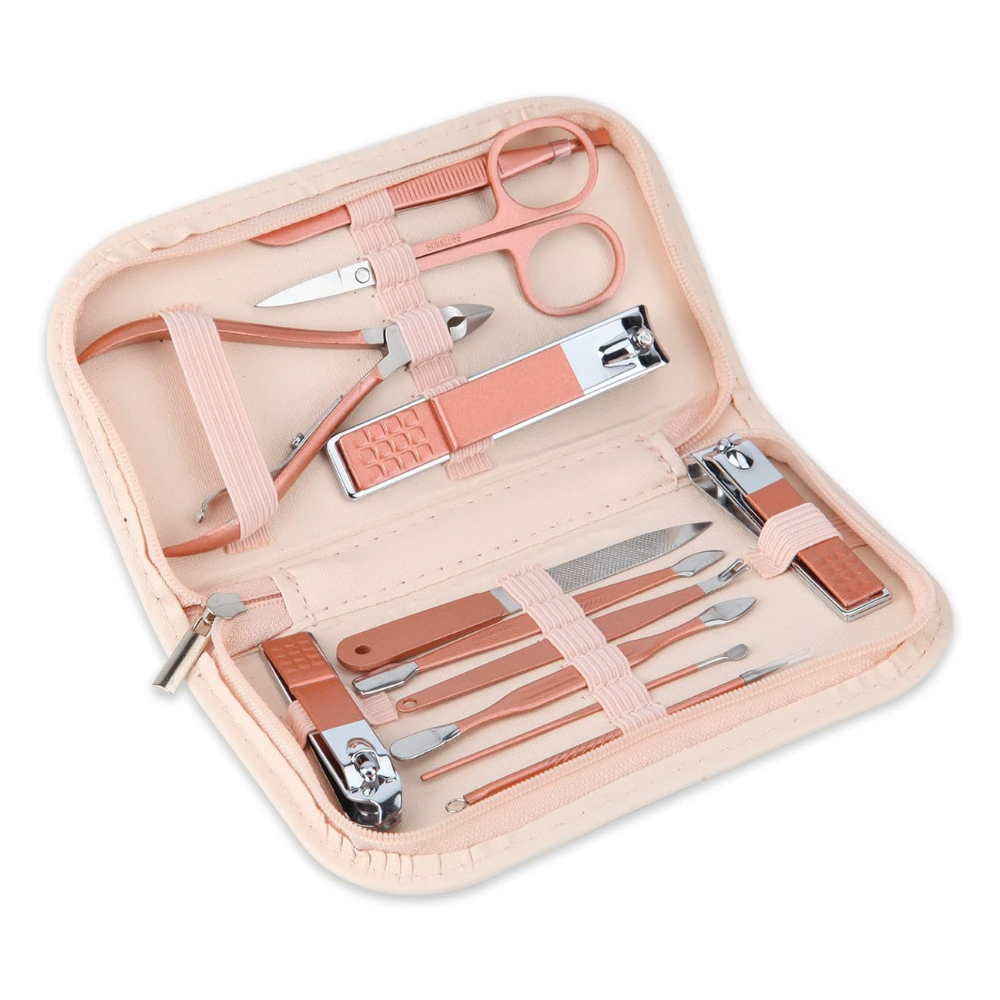 NBHS Rose Gold 12-in-1 Manicure Set – Beauty Kit with Pink Leather Case