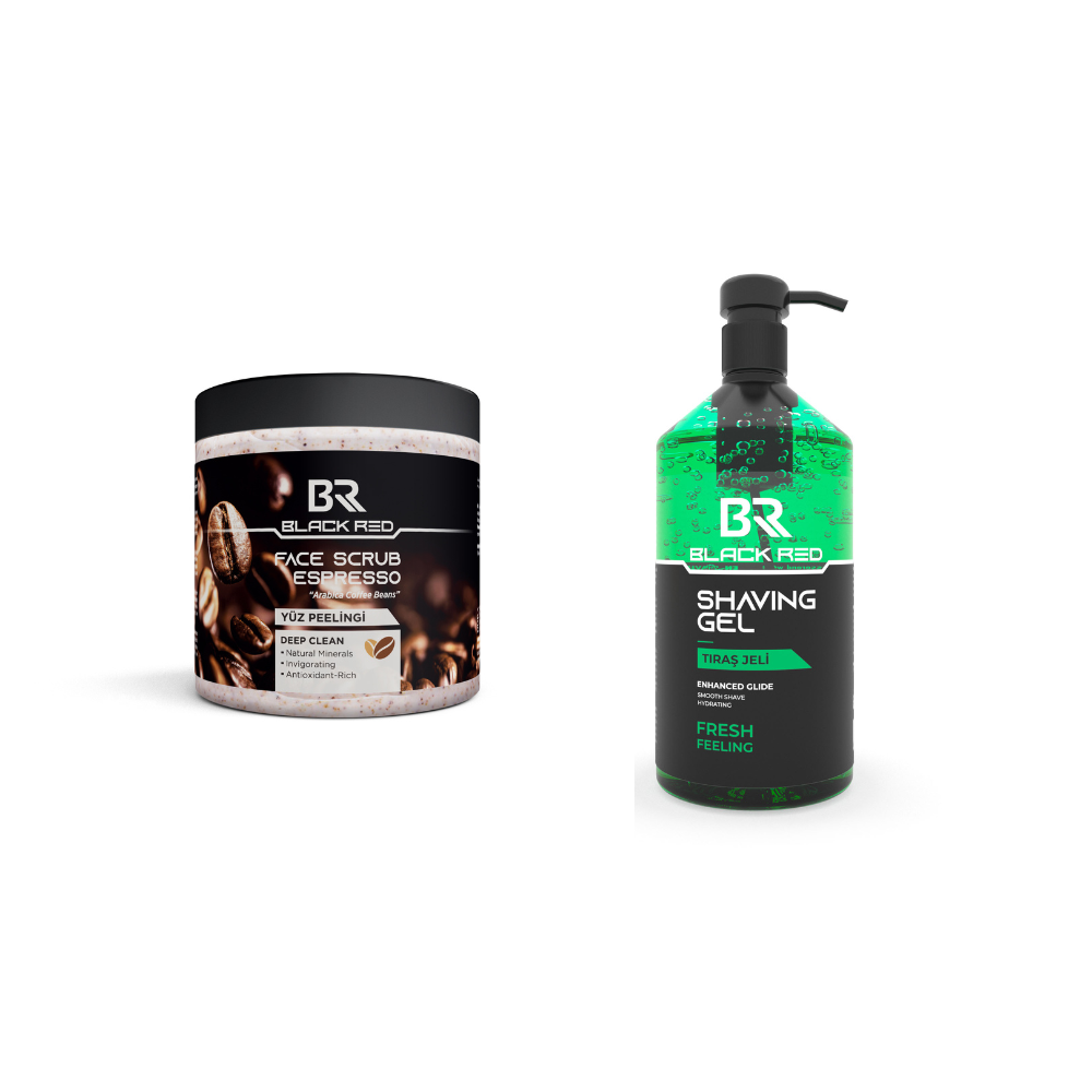 Black Red Men’s Grooming Bundle – Scrub + Shave Gel
