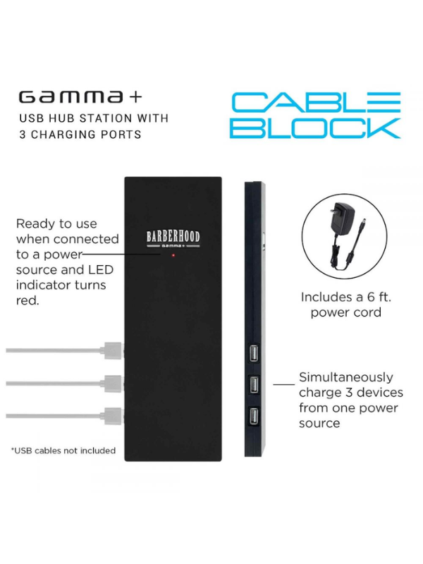 Gamma+ Cable Block USB Hub Station w/ 3 Charging Ports