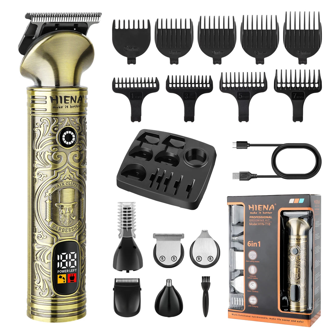 Hiena HYN-T18 6 in 1 Cordless Hair Clipper and Grooming Kit with LED Display