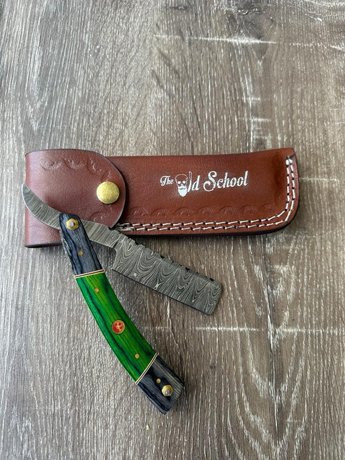 The Old School Damascus Steel Vintage Straight Razor Cut Throat Barber Salon Shaving Razor Vintage Wood with Leather Case