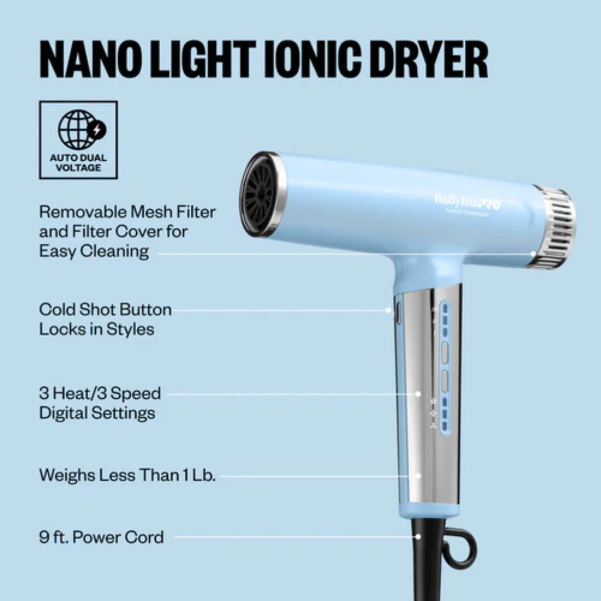 BaBylissPRO Limited Edition Nano Titanium Iced Blue Light Ionic Hair Dryer #BNTC9200LB