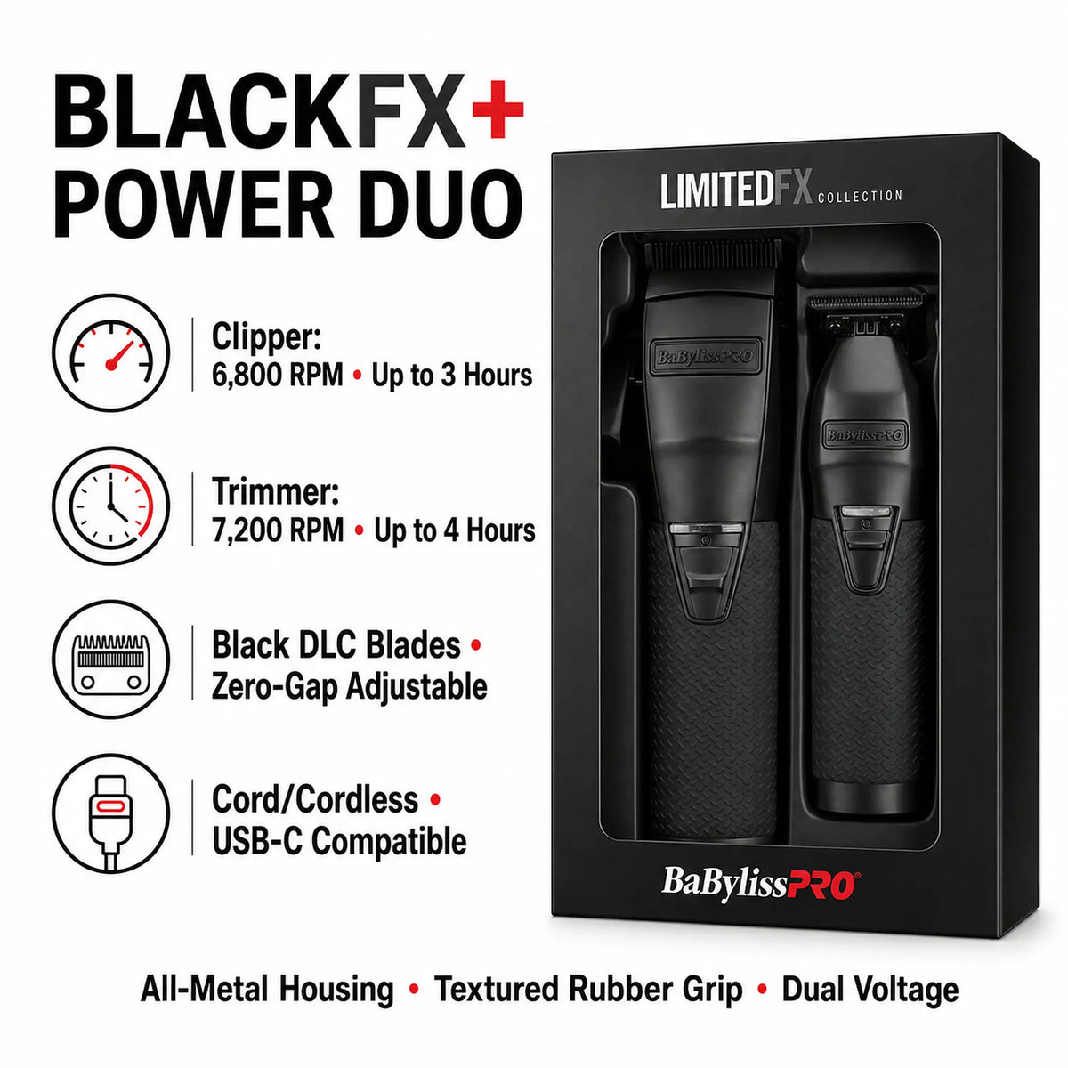 BaBylissPRO BlackFX+ All-Metal Clipper & Trimmer Prepack #FXCTMBPK