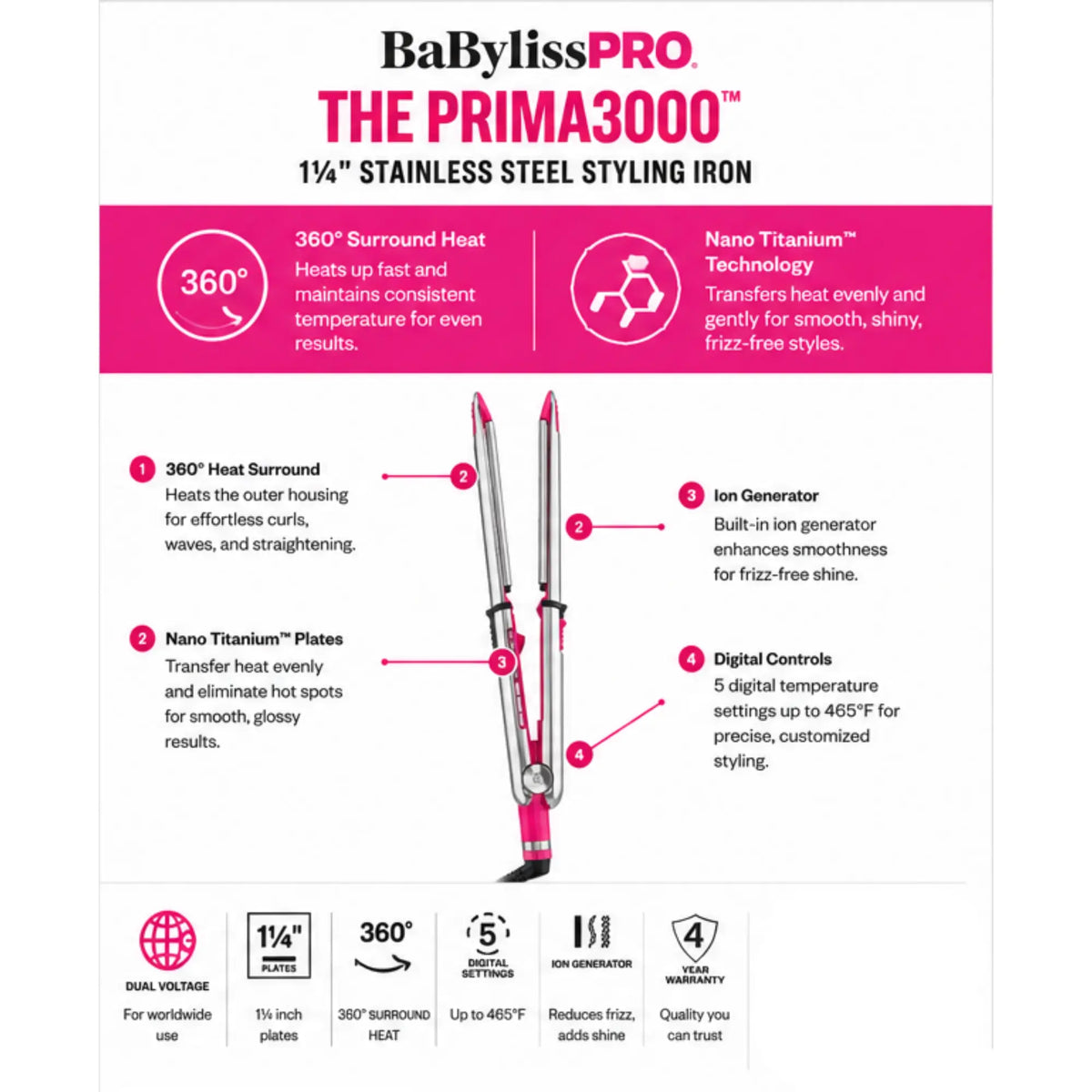 BaBylissPRO® The Prima3000™ 1 1/4" Stainless Steel Styling Iron (Fuchsia)