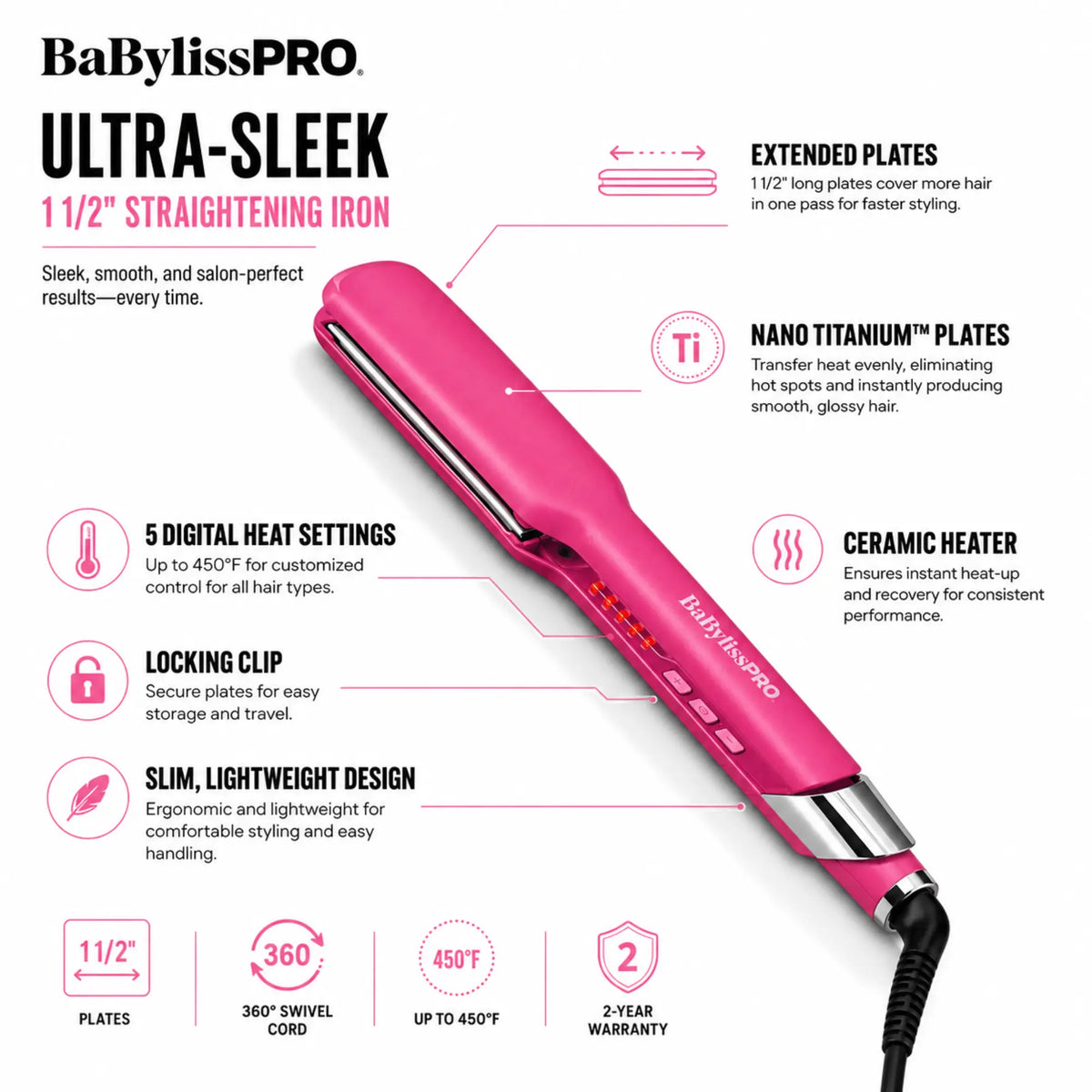 BaBylissPRO® The Ultra-Sleek 1 1/2" Straightening Iron (Fuchsia)