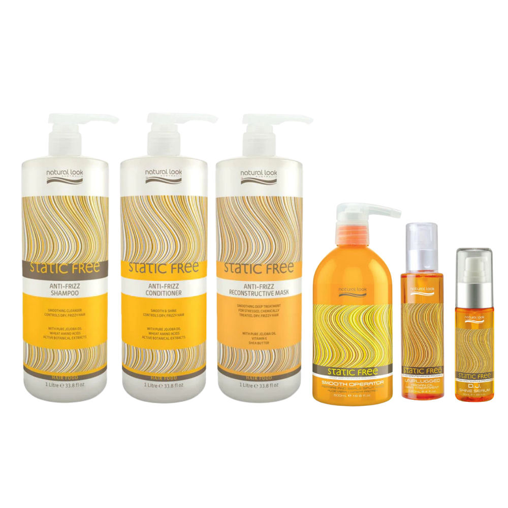 Natural Look Static Free Anti-Frizz Shampoo&Conditioner&Reconstructive Mask 1L&Smooth Operator 500 ML&Argan Oil Hair Treatment 120ML&Shine Serum 50ML
