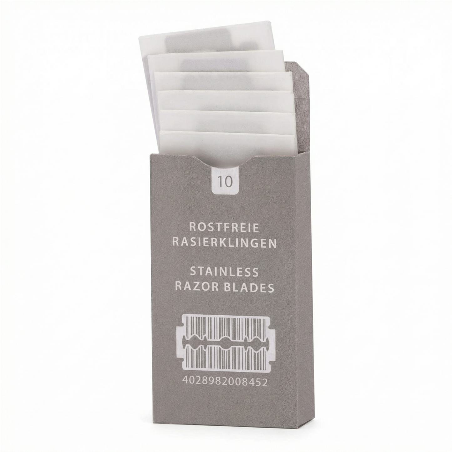 Box of stainless razor blades with visible text on a white background
