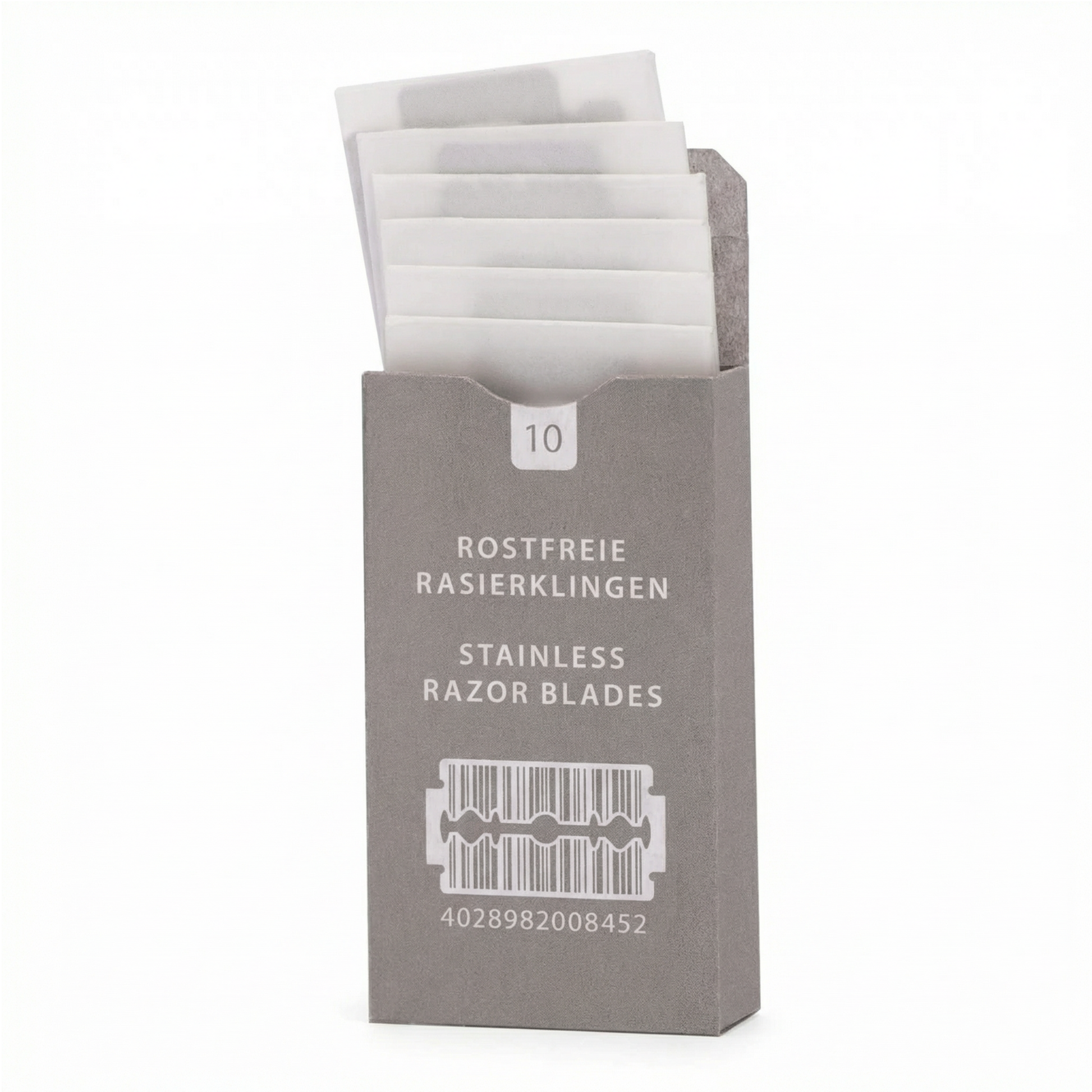 Box of stainless razor blades with visible text on a white background