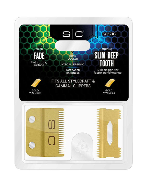 StyleCraft Gold Titanium Fade Blade with Gold Titanium Slim Deep Tooth #SC521G