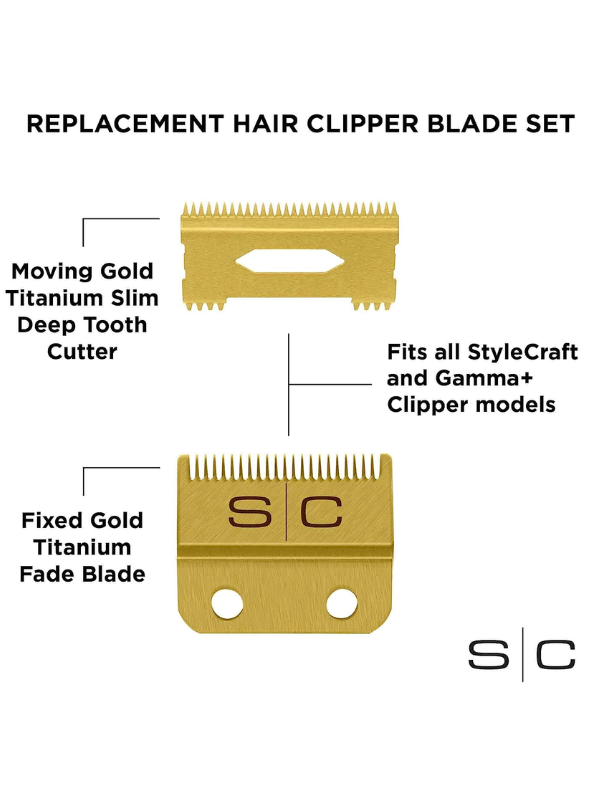 StyleCraft Gold Titanium Fade Blade with Gold Titanium Slim Deep Tooth #SC521G