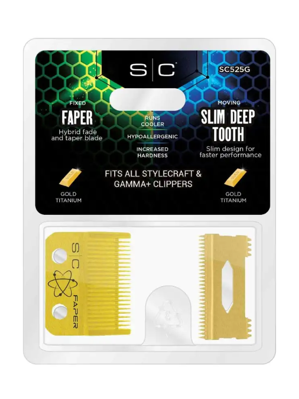 StyleCraft Gold Titanium Faper Blade with Gold Titanium Slim Deep Tooth #SC525G