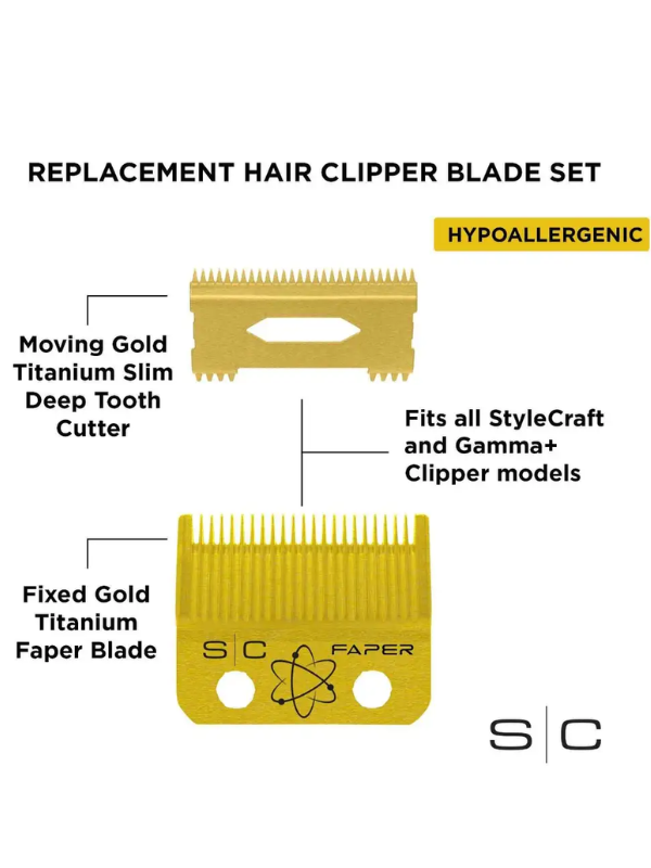 StyleCraft Gold Titanium Faper Blade with Gold Titanium Slim Deep Tooth #SC525G