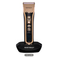 Gold-colored Silver Bullet Ceramic Pro 240 Luxe Hair Clipper with a digital display, shown on a stand.