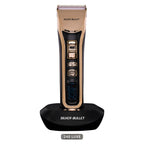 Gold-colored Silver Bullet Ceramic Pro 240 Luxe Hair Clipper with a digital display, shown on a stand.