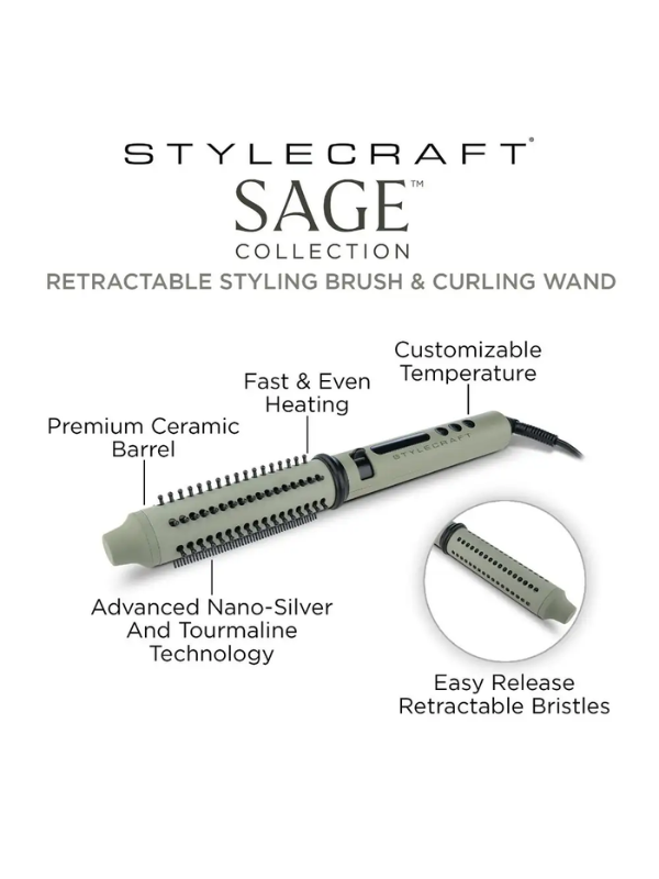 Stylecraft Sage Retractable Styling Brush & Curling Wand #SC716GR
