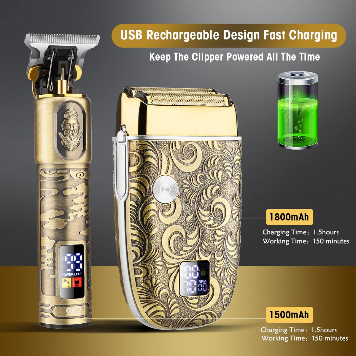 Waterproof Hair and Beard Trimmer for Men & Electric Razor Shaver Set