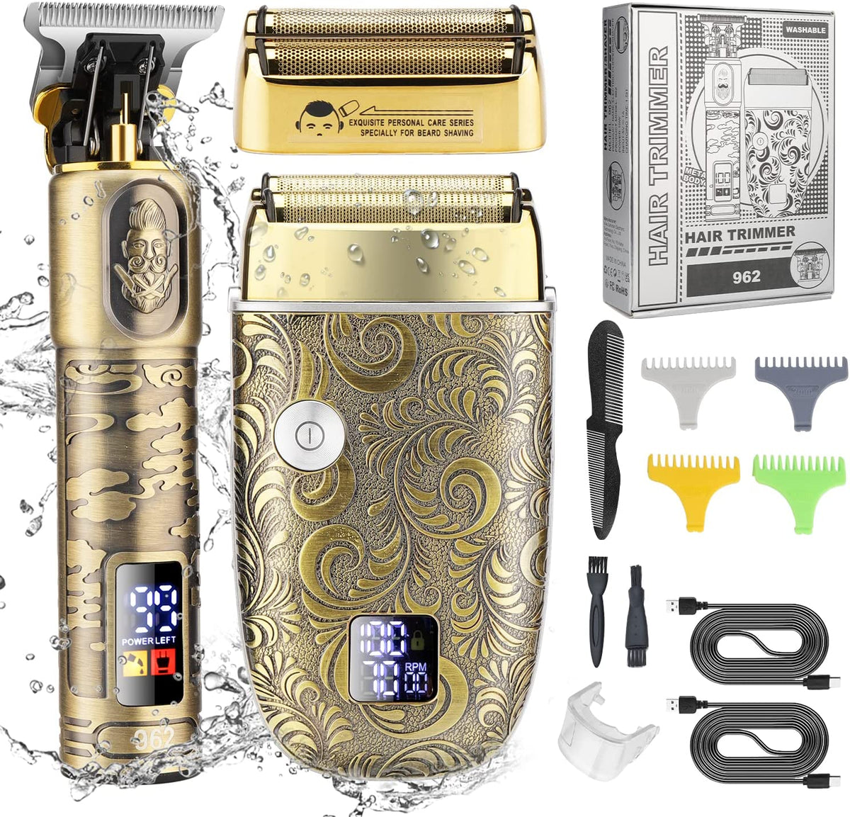 Waterproof Hair and Beard Trimmer for Men & Electric Razor Shaver Set